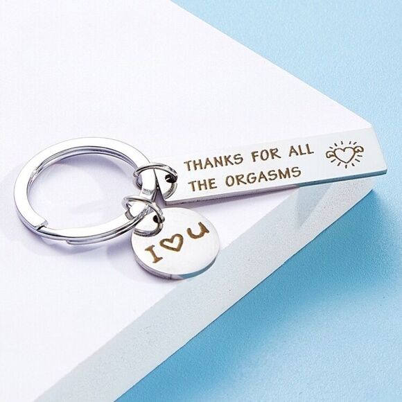 Funny love you orgasm keychain for spouse silver engraved - Picture 1 of 1